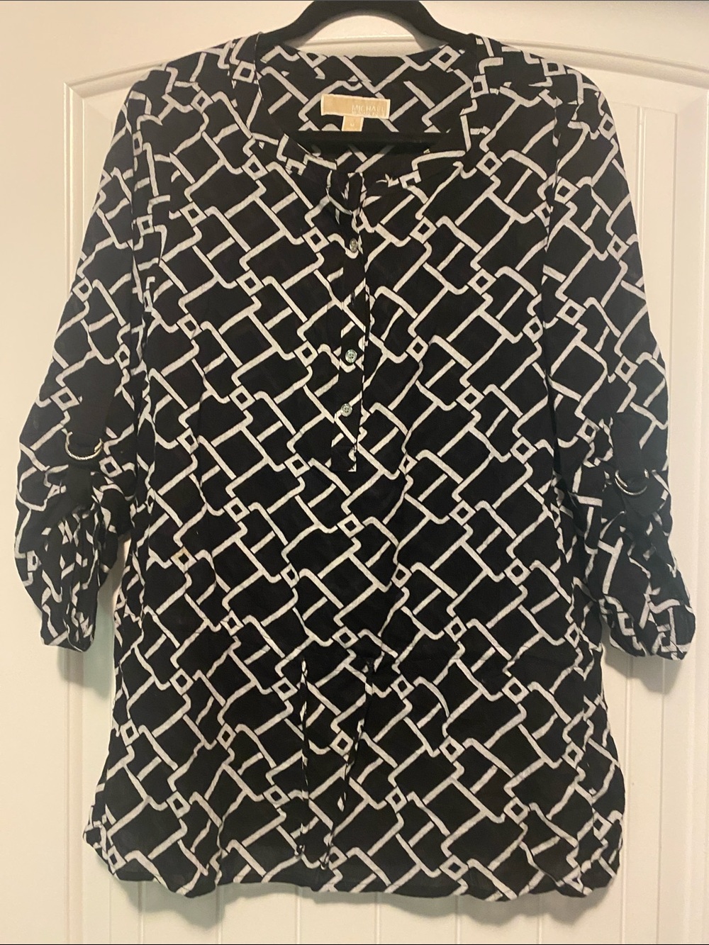 Michael Kors Black & White Geometric Tie-Neck Tunic